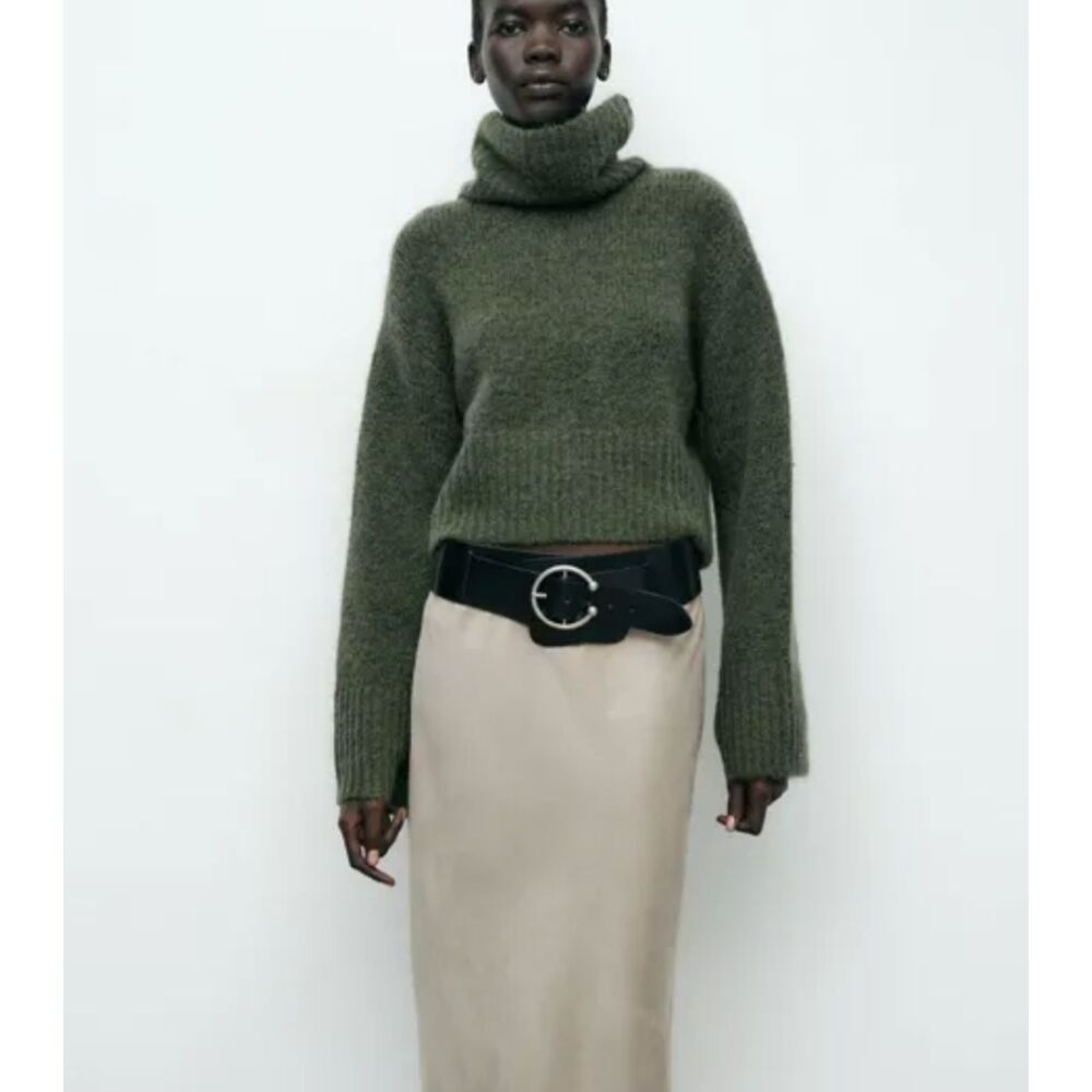 ZARA Stand Collar Alpaca Blend Cropped Sweater Green Small